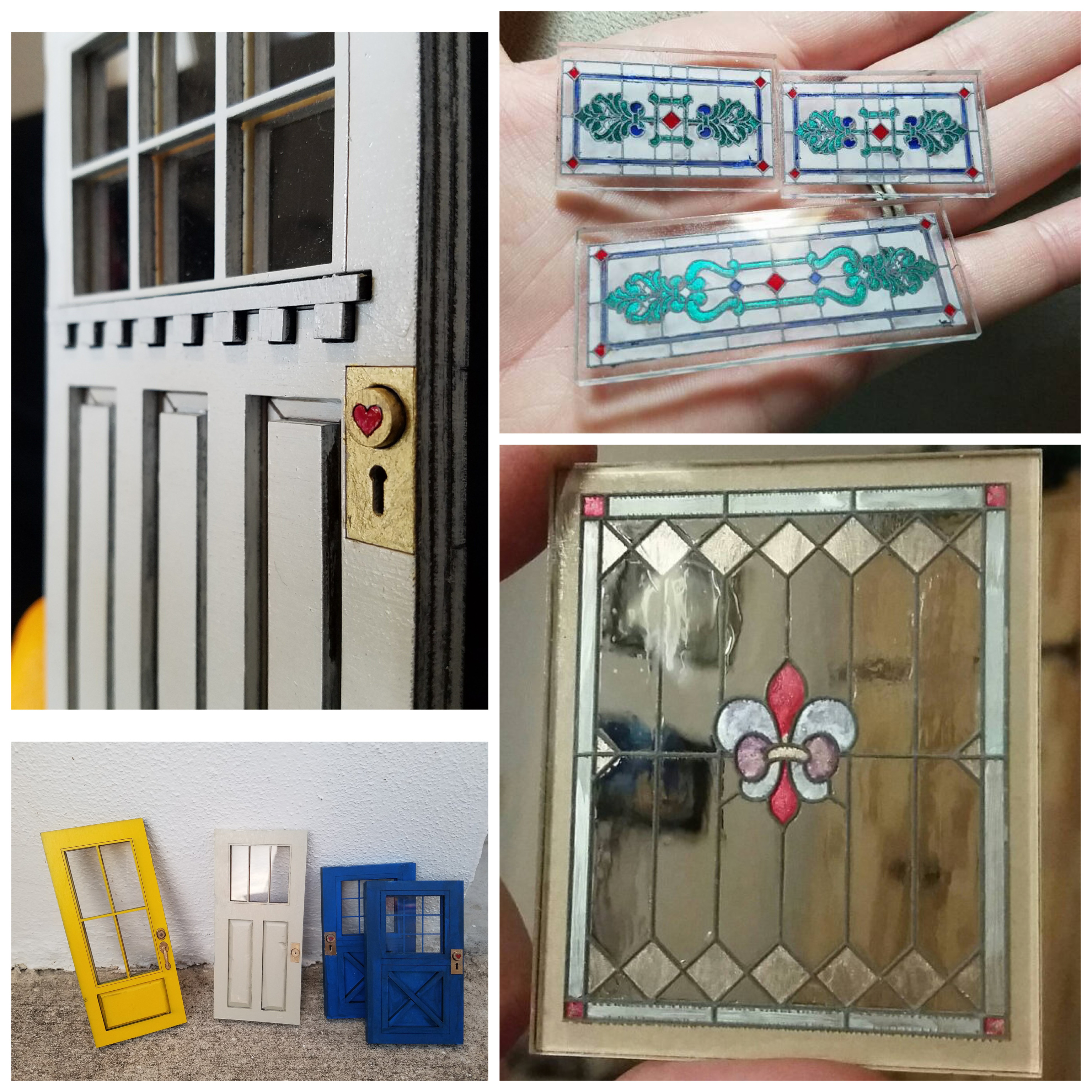 minature stained glass windows and dollhouse-sized doors, one with a heart painted on the handle